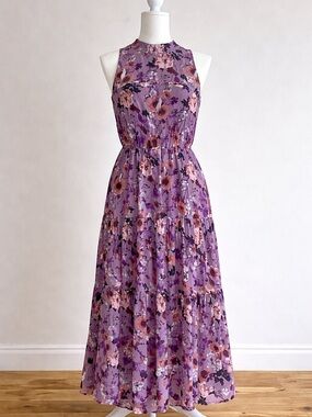 Lulus Floral Midi Dress Purple Pink Sleeveless High Neck Flowy Size M EUC